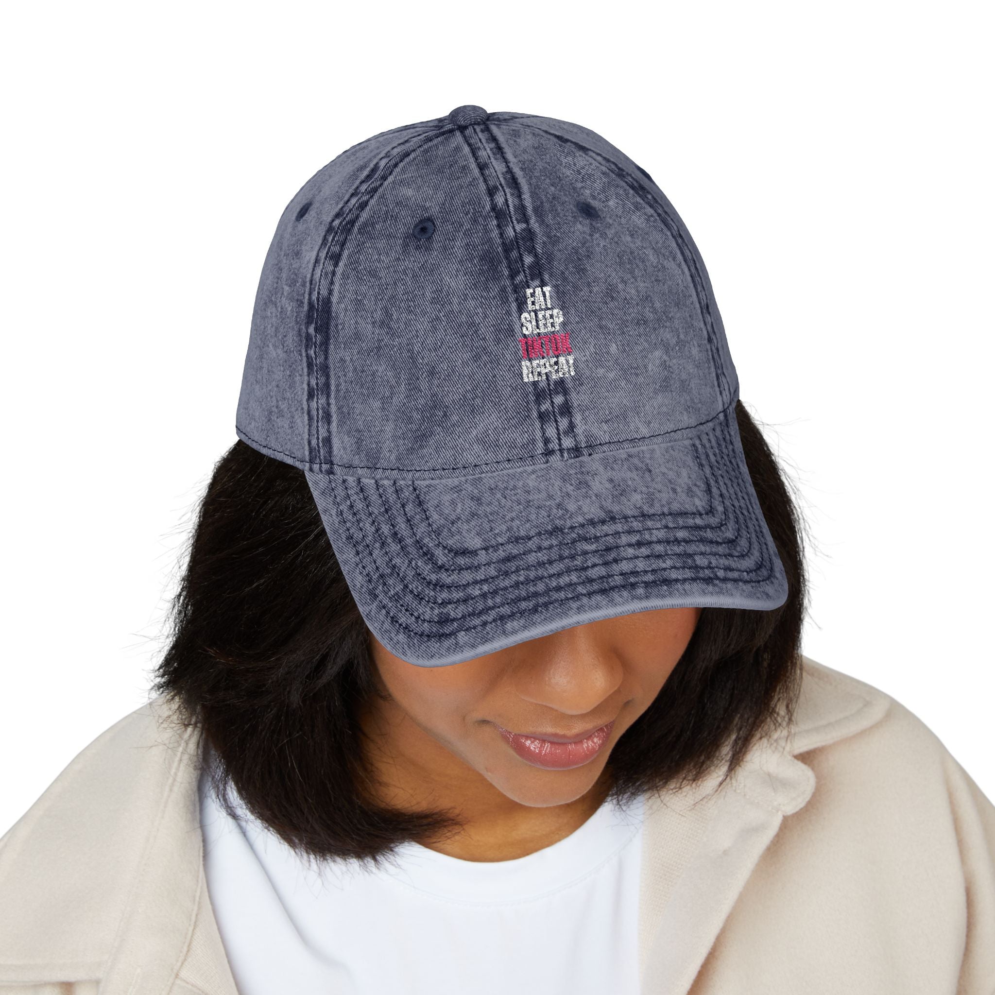 Eat Sleep TikTok Repeat Vintage Embroidered Cap — Retro Washed Baseball Hat