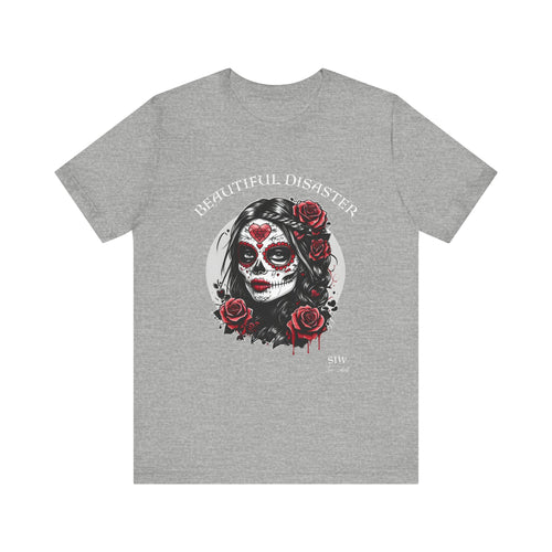 Beautiful Disaster Sugar Skull Tee — Day of the Dead Floral Graphic T-Shirt