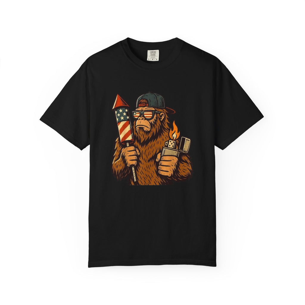 Bigfoot Lighting Firework T-Shirt — Patriotic Fourth of July Graphic Tee