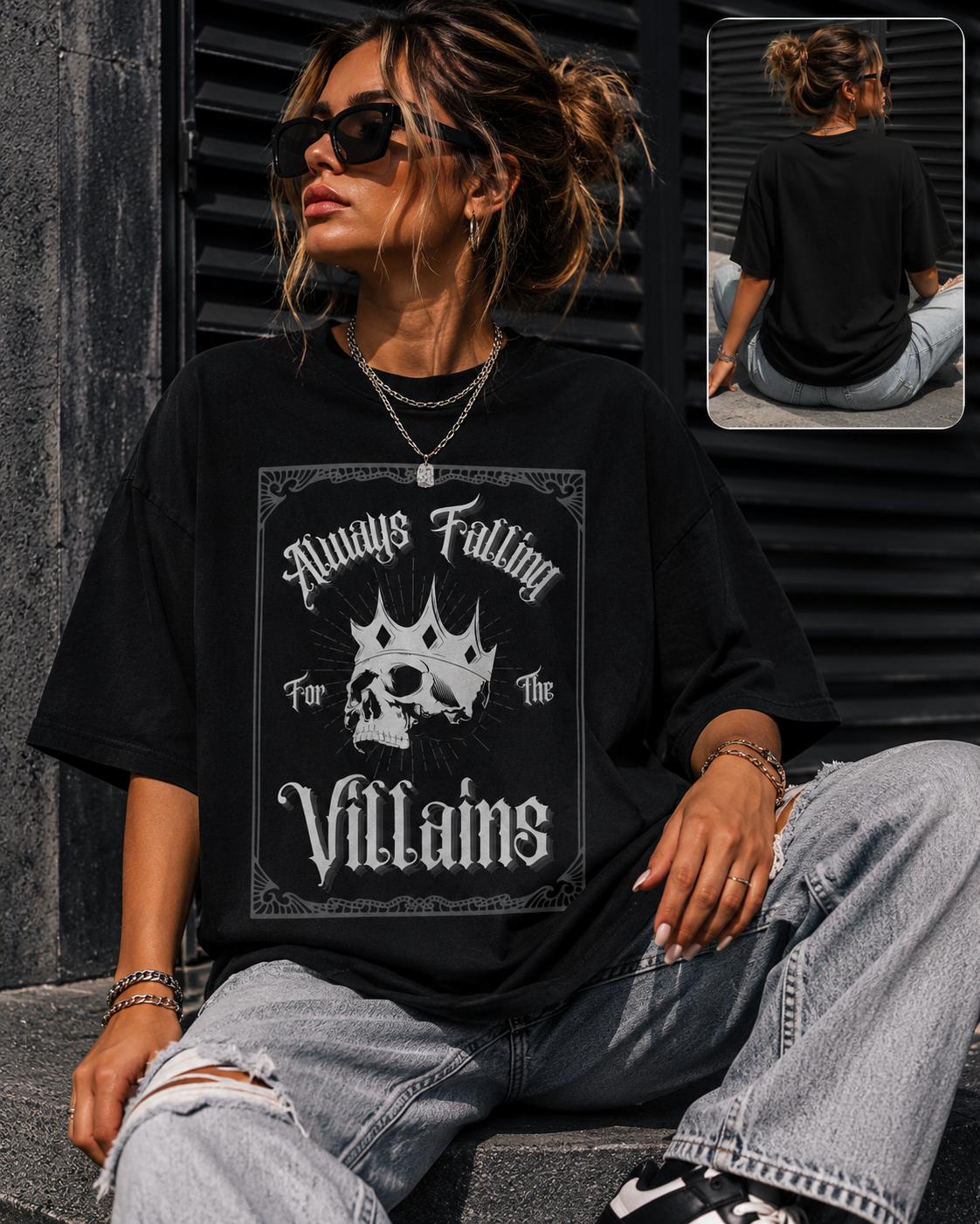 Always Falling for the Villains T-Shirt — Gothic Skull Crown Graphic Tee