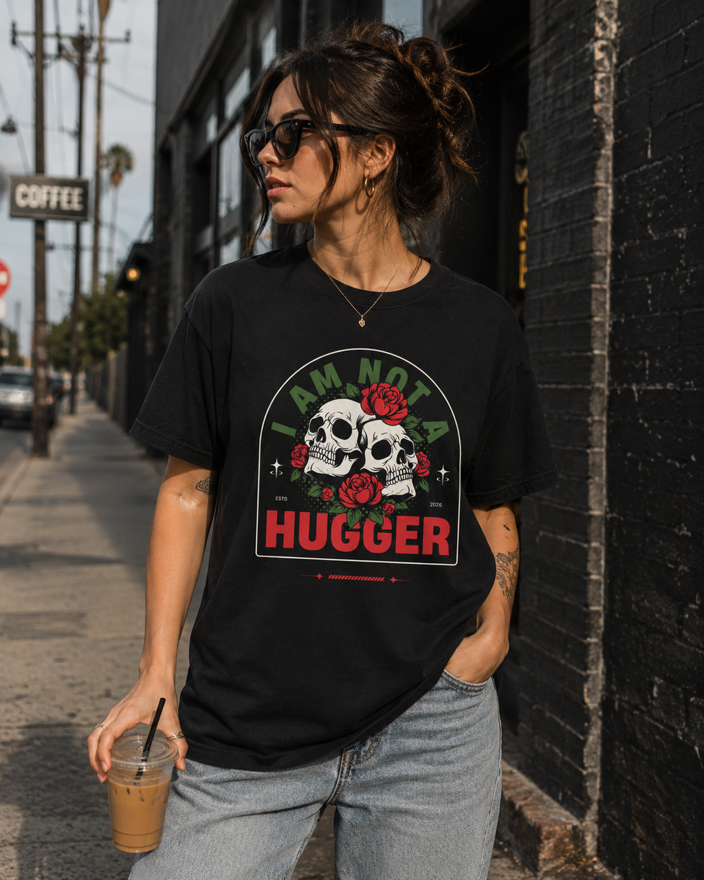 Skull & Roses Tee — “I Am Not A Hugger” Graphic T-Shirt