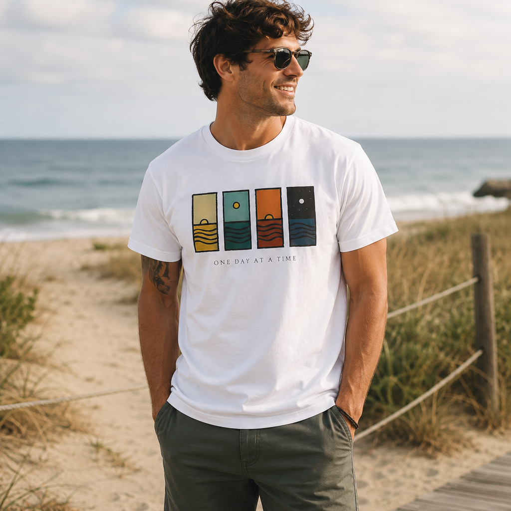 One Day at a Time Tee — Minimal Sunrise to Night Graphic T-Shirt