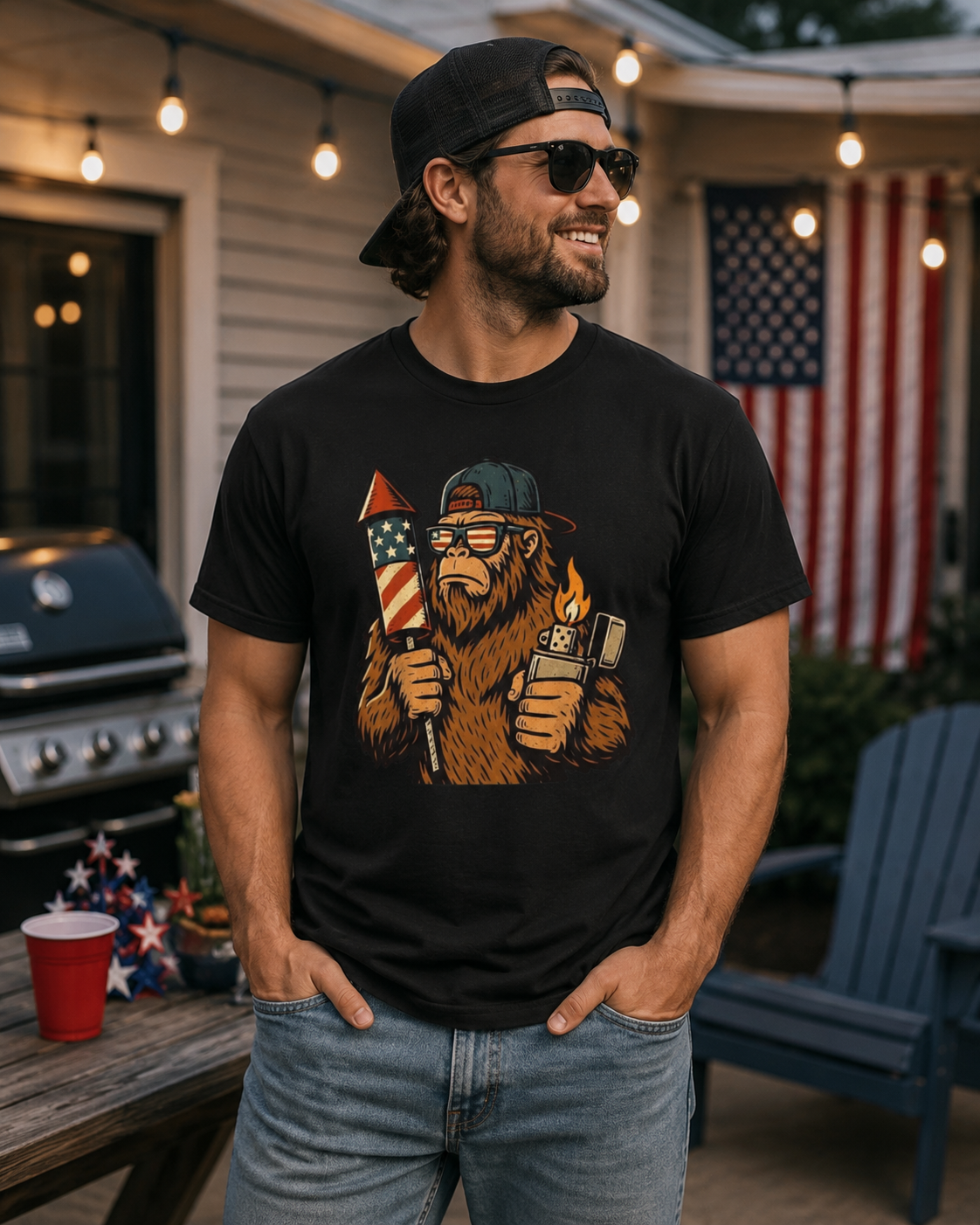 Bigfoot Lighting Firework T-Shirt — Patriotic Fourth of July Graphic Tee