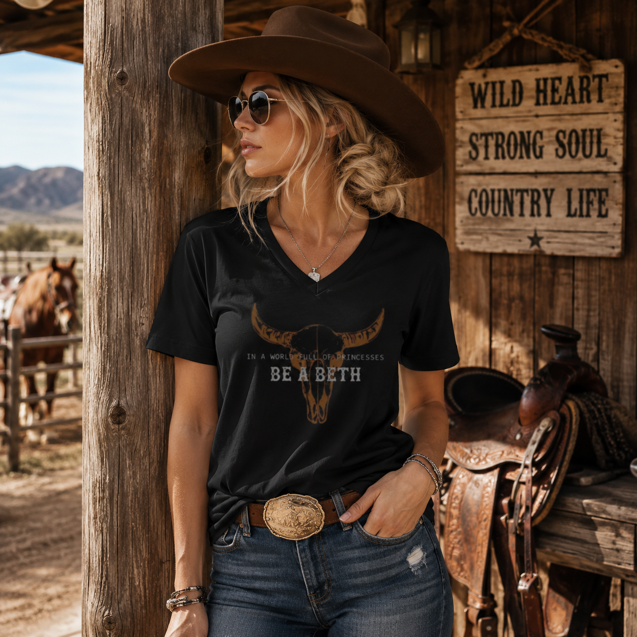Woman wearing the 'Be a Beth' western graphic t-shirt with jeans and cowboy hat at a rustic ranch setting.
