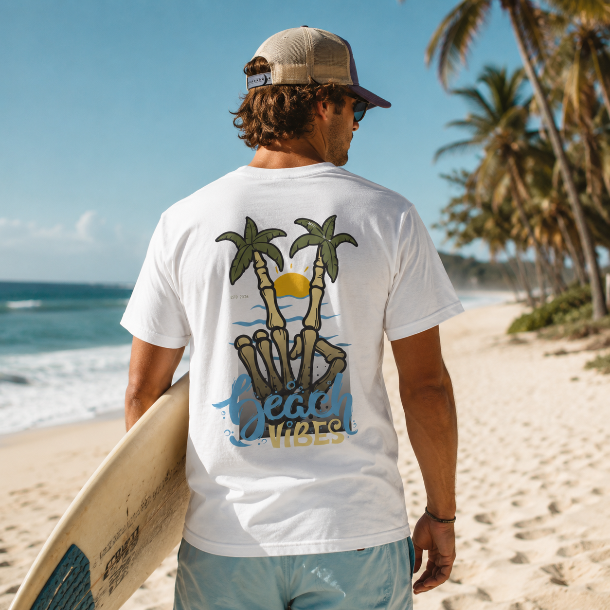 Peace Vibes Graphic Tee — Tropical Skeleton Palm Tree Sunset T-Shirt
