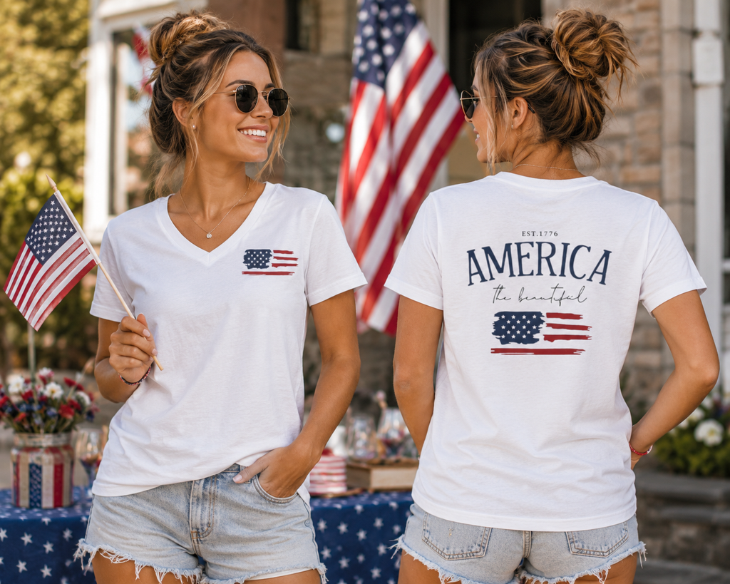 America The Beautiful V-Neck Tee — Distressed Flag Patriotic T-Shirt