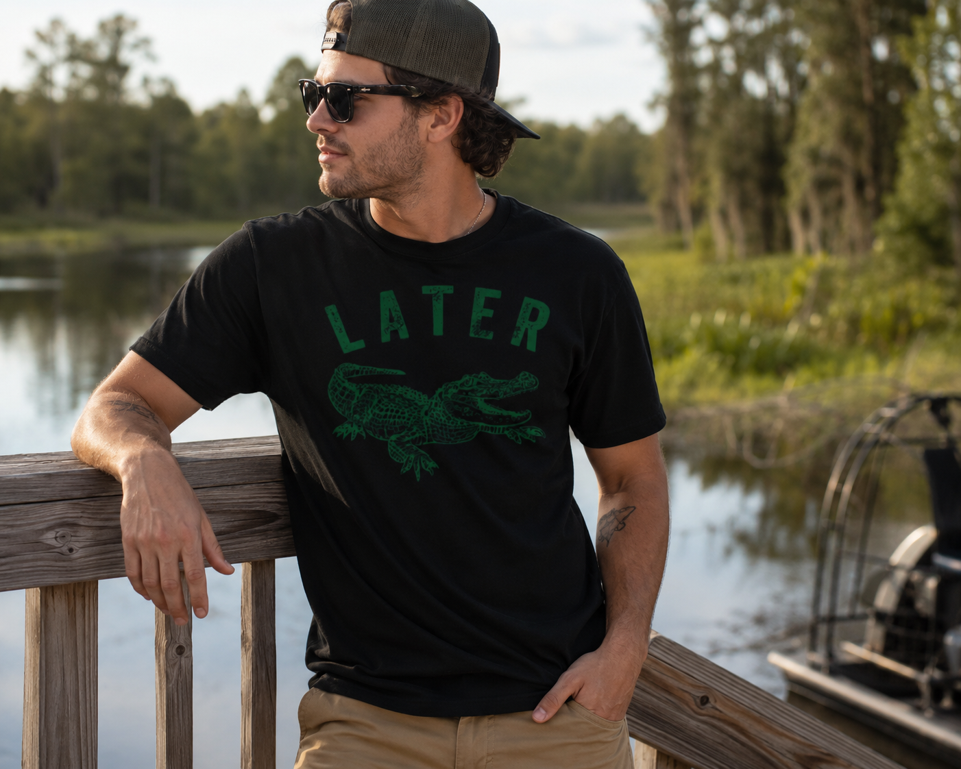 Black Later Alligator graphic T-shirt featuring a vintage green alligator design, funny unisex graphic tee for men and women.