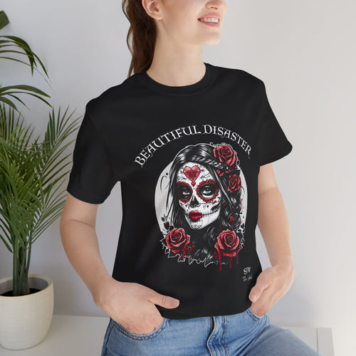 Beautiful Disaster Sugar Skull Tee — Day of the Dead Floral Graphic T-Shirt
