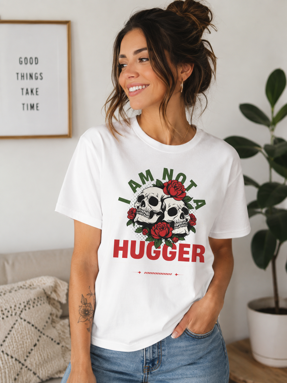 I Am Not A Hugger Skull Tee – Gothic Rose Graphic T-Shirt