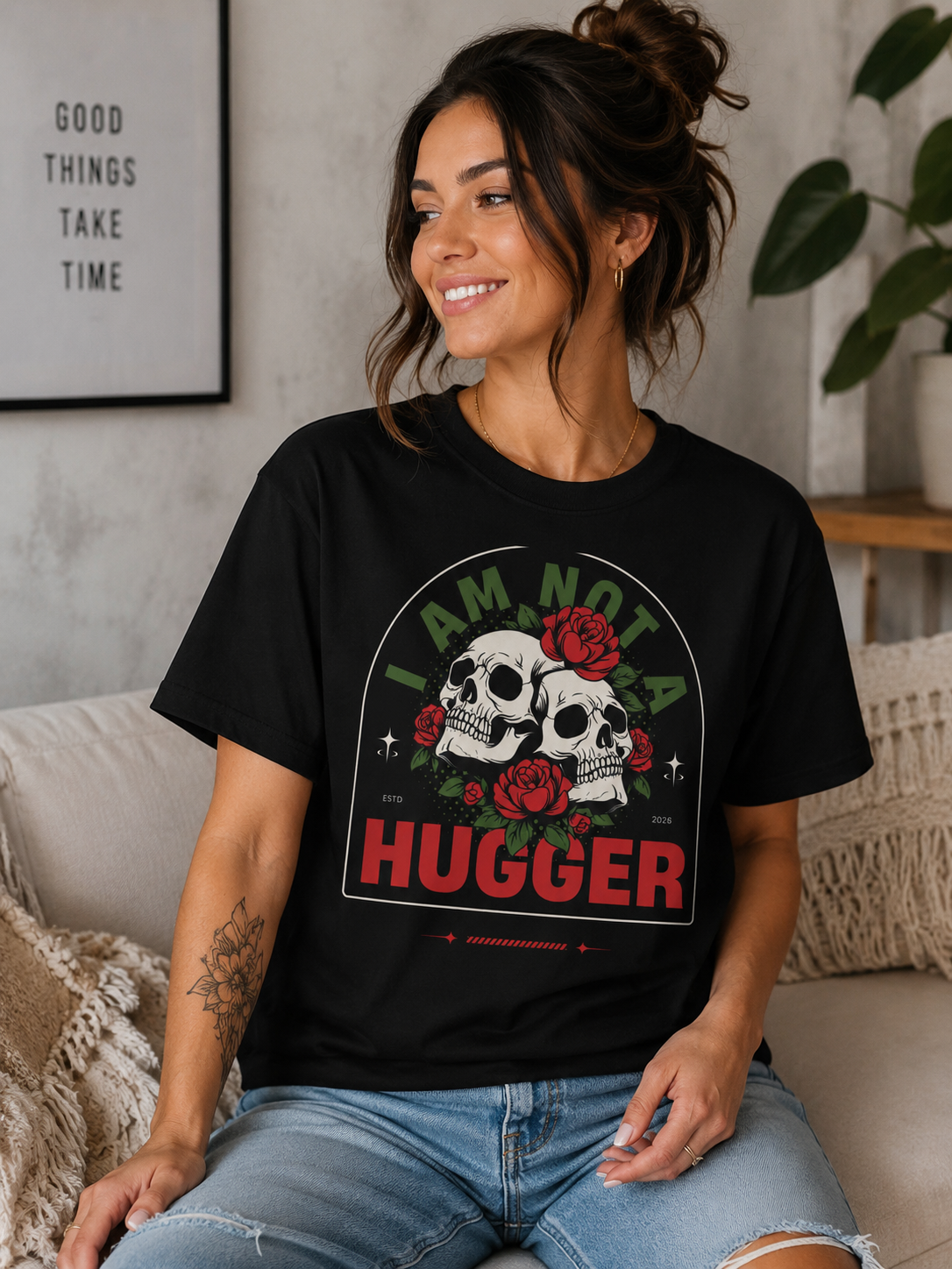 I Am Not A Hugger Skull Tee – Gothic Rose Graphic T-Shirt