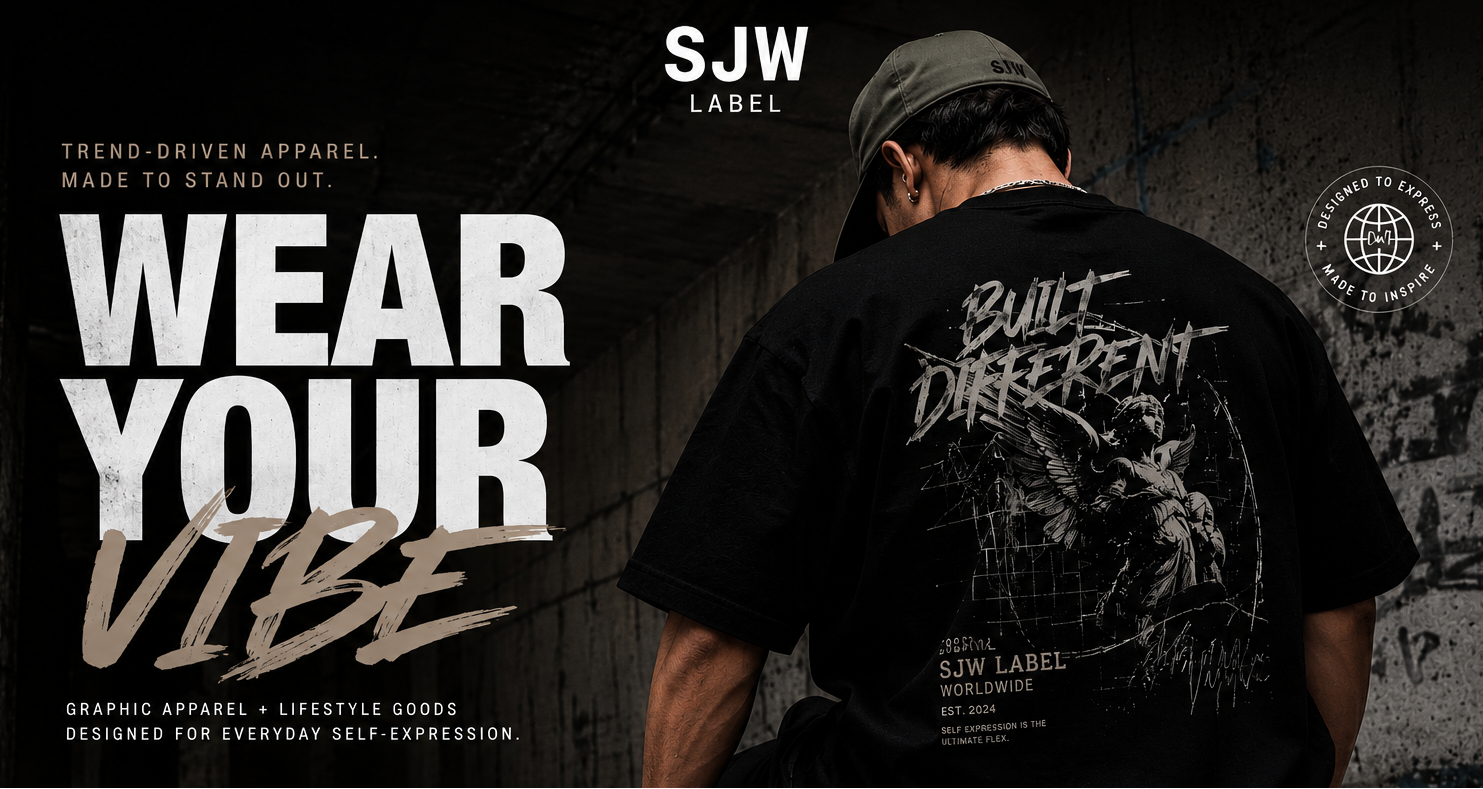 Person wearing a black t-shirt with 'Built Different' text, brand 'SJW Label' visible.